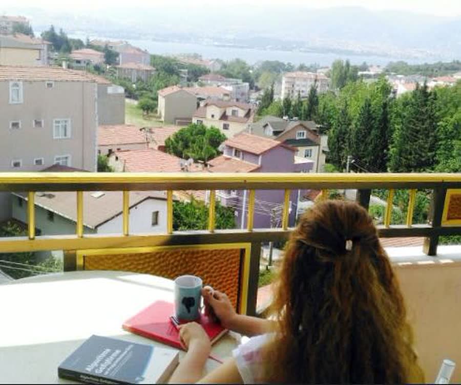 Balkonda manzaraya karşı kitabıyla çalışan öğrenci